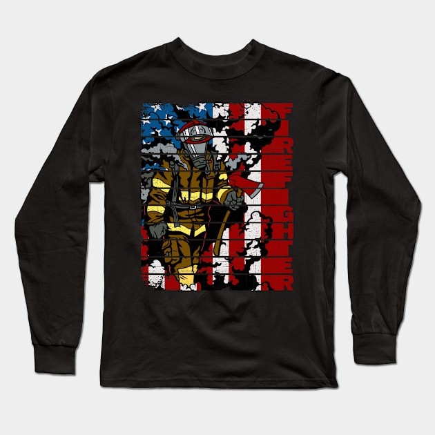 Firefighter American Flag Long Sleeve T-Shirt by RadStar